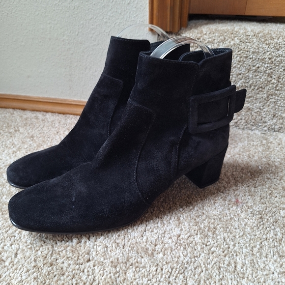 Roger Vivier black suede booties Square Toe Block Heel Buckle Womens Size 37.5 - Picture 1 of 9